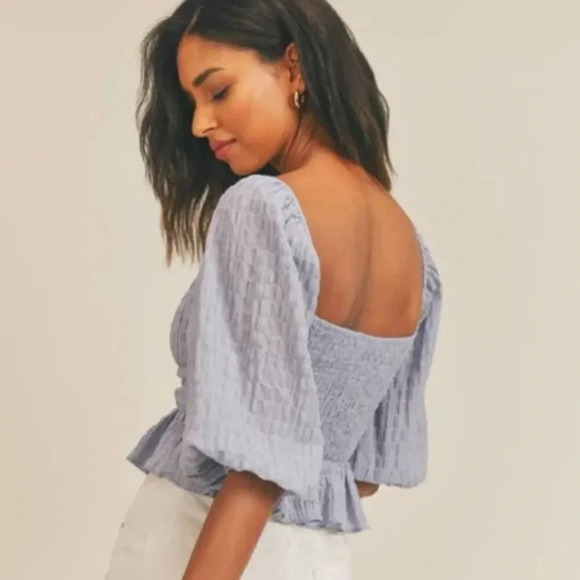 Lush Maria Smocked Peplum Blouse Blue Long Sleeve Size Medium - Picture 2 of 15